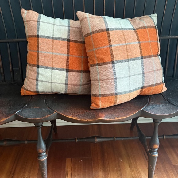 Set of Two (2) Handmade 16" Ultra Soft Cotton Orange Plaid Pillows - Picture 6 of 10